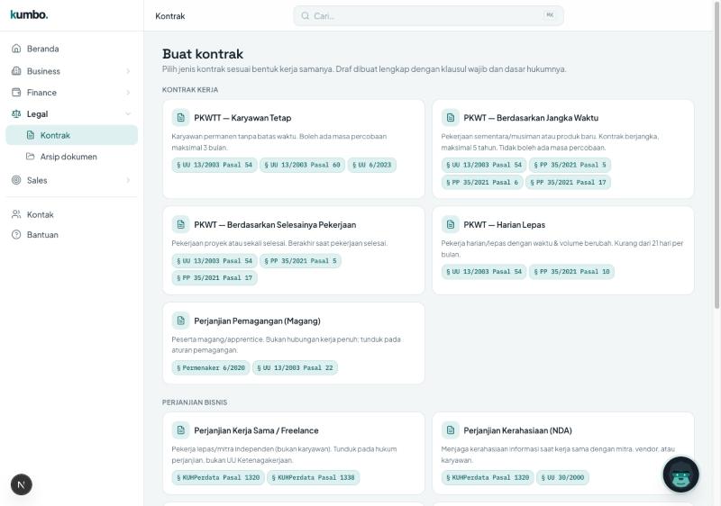 Daftar template kontrak Kumbo