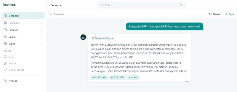 Chat Kumbo menjawab pertanyaan tarif PPh final UMKM lengkap dengan sitasi peraturan resmi