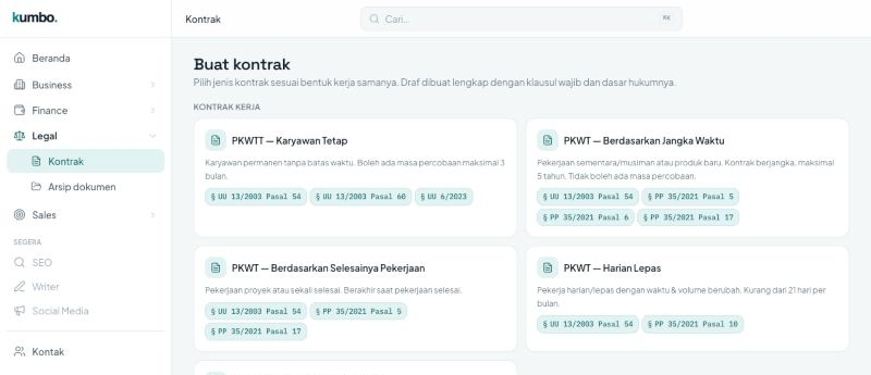 Pembuat kontrak Kumbo dengan template dan sitasi pasal