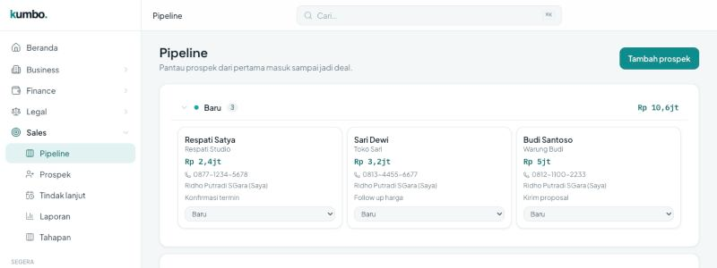 Pipeline sales Kumbo dengan prospek di tiap tahapan